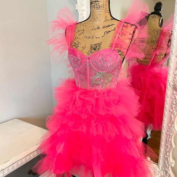 New York Couture Dreamy NEON PINK Bustier Skull Studded Party Dress - Picture 5 of 7